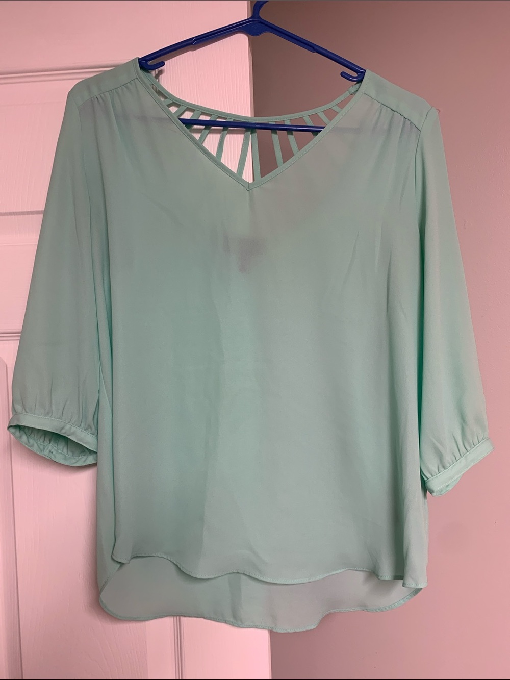 A. Byer Mint Green V-Neck Blouse with Strappy Back